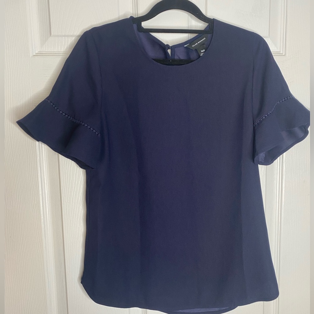 CLUB MONACO Navy Blue Short Sleeve Flutter Blouse Size XS